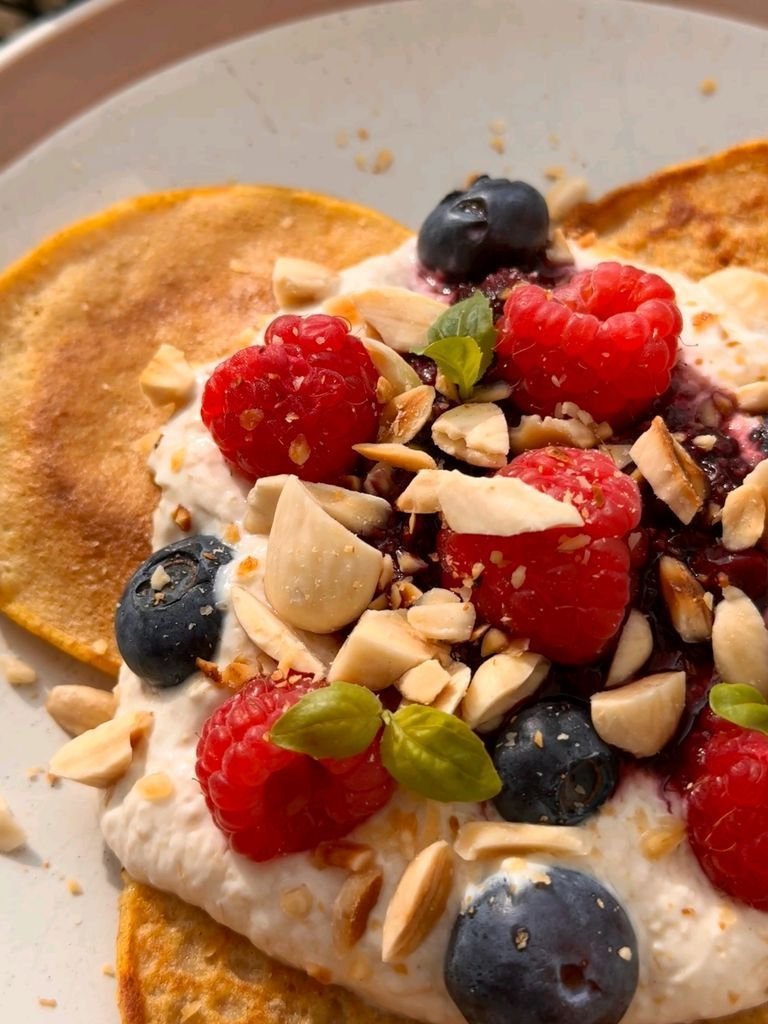 Pumpkin Pancakes with Berry Sauce, Yogurt, Berries & Nuts