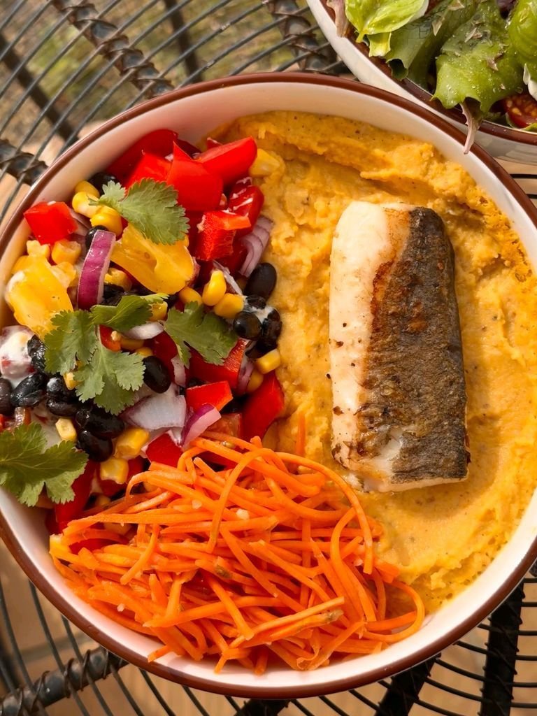 Pumpkin Purée with Fish, Tex-Mex Salad & Carrots