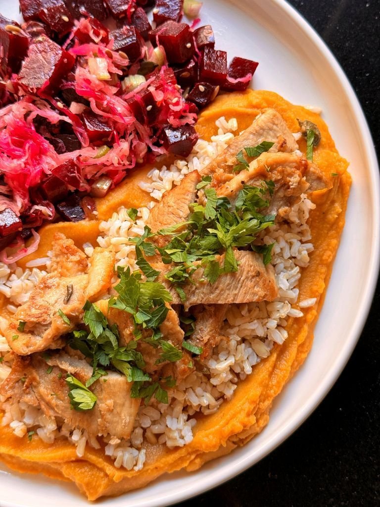 Puree with pork and sauerkraut salad