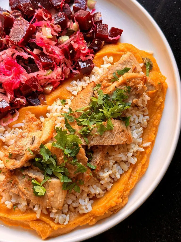 Puree with pork and sauerkraut salad