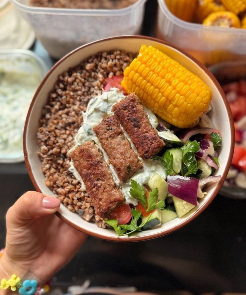 Buckwheat with Mini Kebabs and Tzatziki