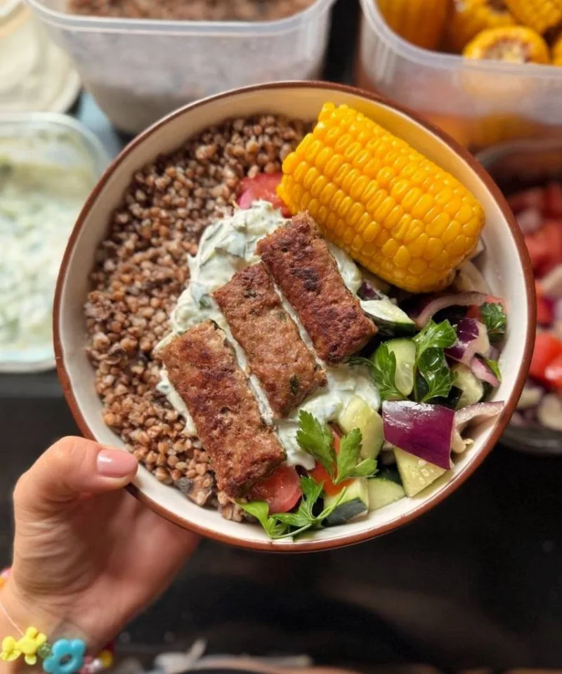 Buckwheat with Mini Kebabs and Tzatziki
