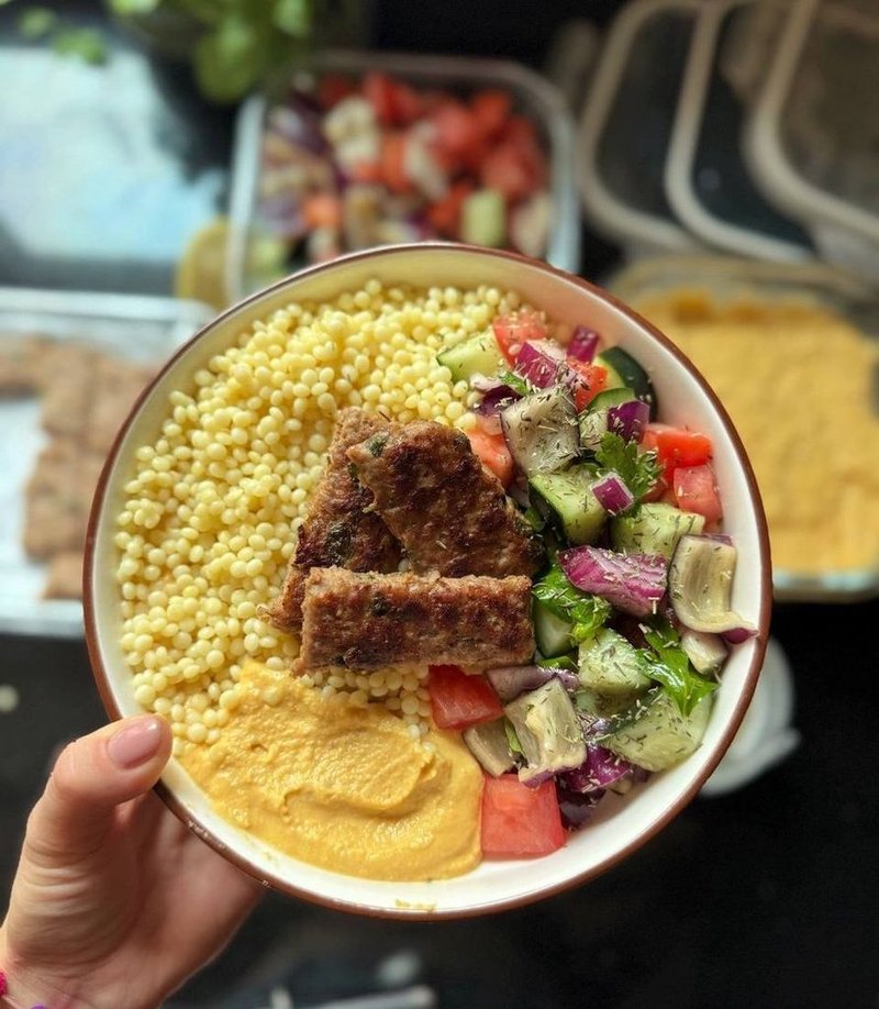 Ptitim with Mini Kebabs, Hummus, and Salad