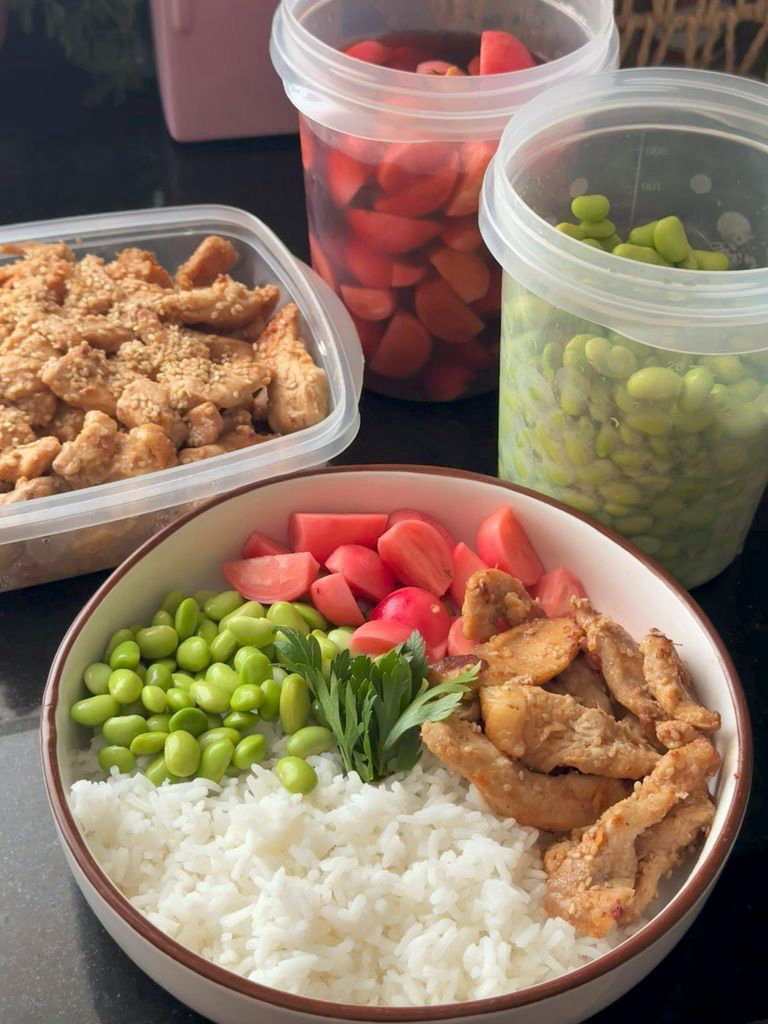 Pork with rice and edamame