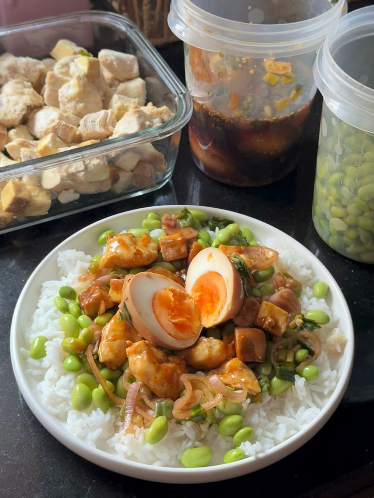 Rice with edamame and orange chicken