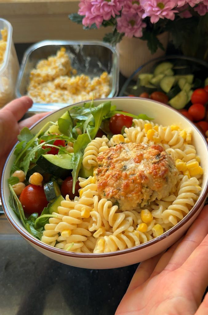 Pasta with chicken patty and creamy corn