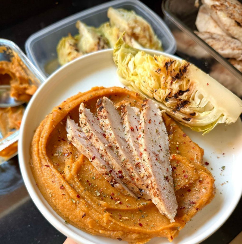 Lentil puree with ham and cabbage steak