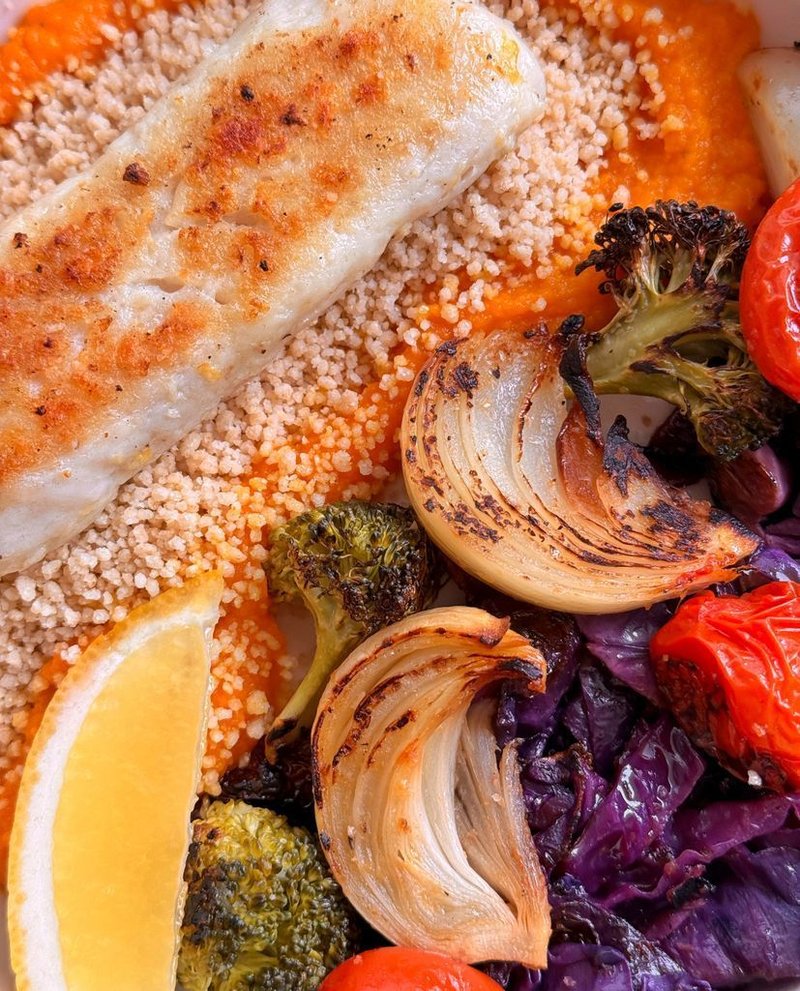 White fish fillet with carrot purée and couscous
