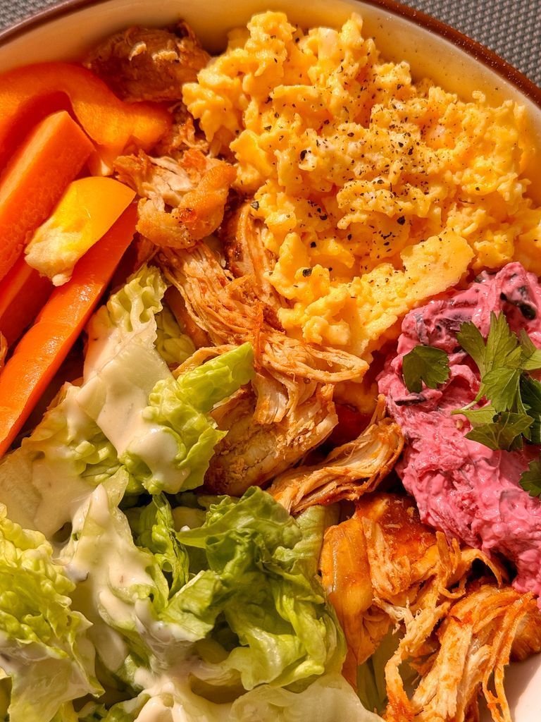 Scrambled Eggs with Chicken, Salad, and Tahini Sauce