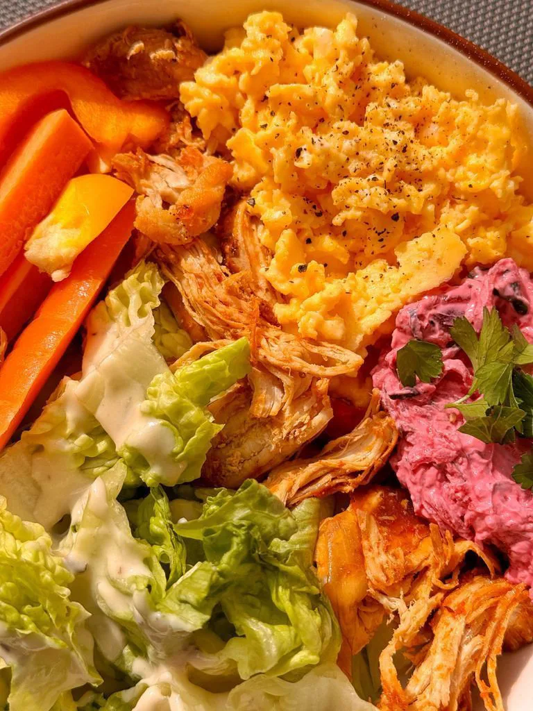 Scrambled Eggs with Chicken, Salad, and Tahini Sauce
