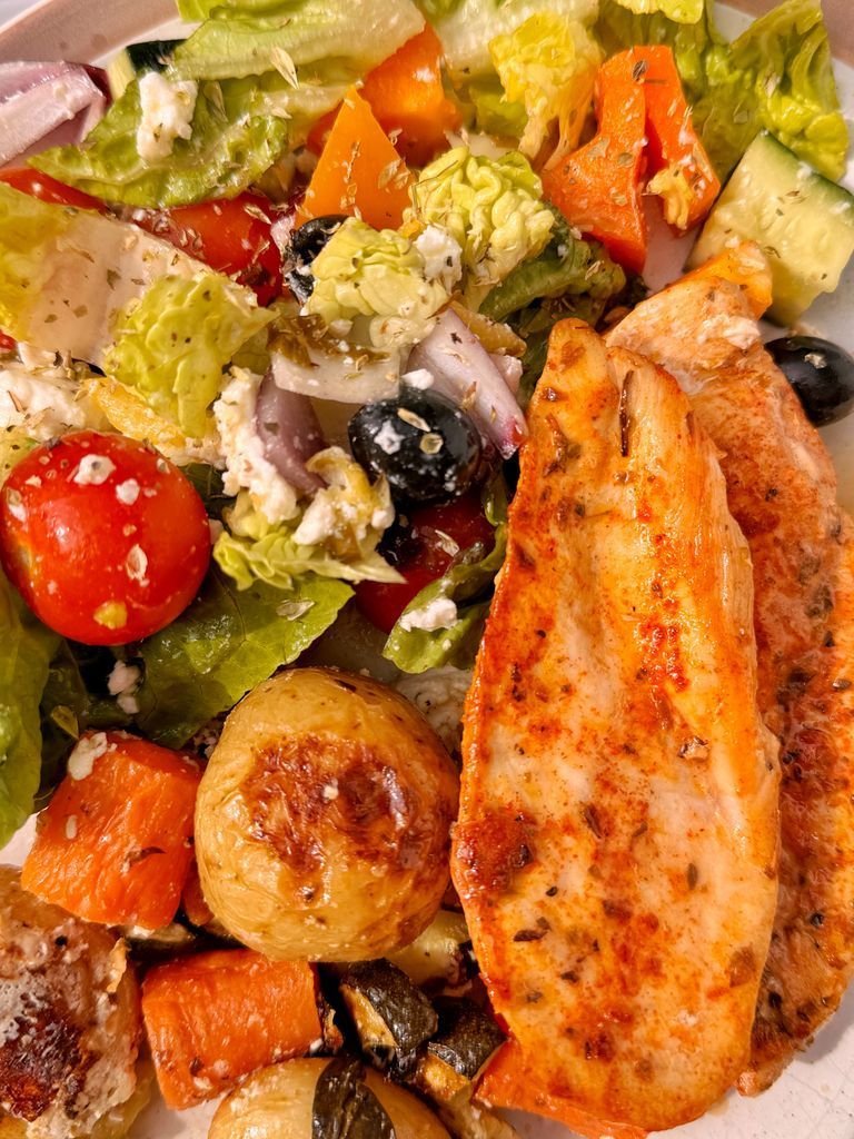 Roasted Potatoes and Chicken with Greek Salad