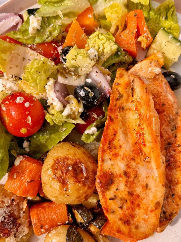 Roasted Potatoes and Chicken with Greek Salad